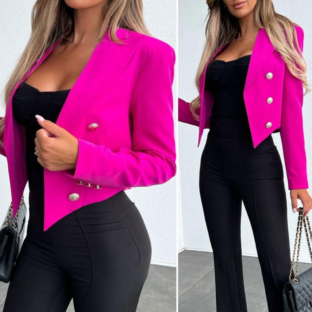 Stylish Women's Blazer with Double-Breasted Placket Lapel Short Solid Color Suit Jacket for Office Ladies Fashion