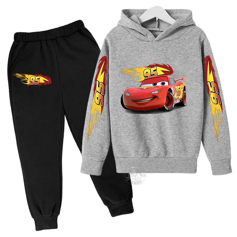 Autumn Disney Car Children's Lightning McQueen Cartoon Printed Children's Hoodie+Pants Anime Kawaii Top Casual Boys and Girls Se