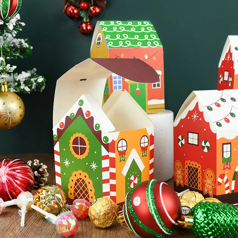 4pcs Christmas House Shape Candy Box Cartoon Merry Christmas Gift Packaging Chocolate Box Navidad 2024 New Year Party Kids Gifts