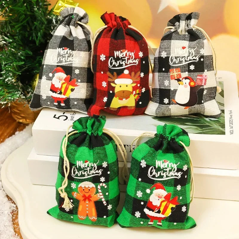 Christmas Burlap Bag Linen Xmas Gift Packaging Bags Santa Claus Snowman Drawstring Pocket Pouch Kids Favors Wrapping Box