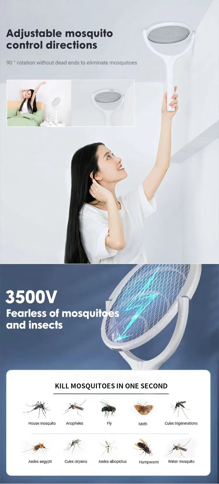 5 In 1 Fast Charging Racket Kill Fly Bug Safety Insulated Battery Powered Lamp ABS Adjustable Electric Mosquito Swatter