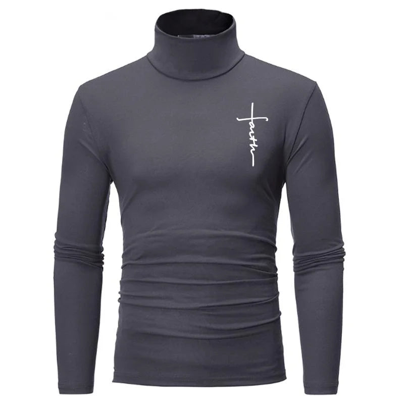 New Fashion Mens High Collar Long Sleeve T Shirt, Men's Fitness Workout Shirt Gym Training Tops Muscle Tees, Faith Graphic Tee