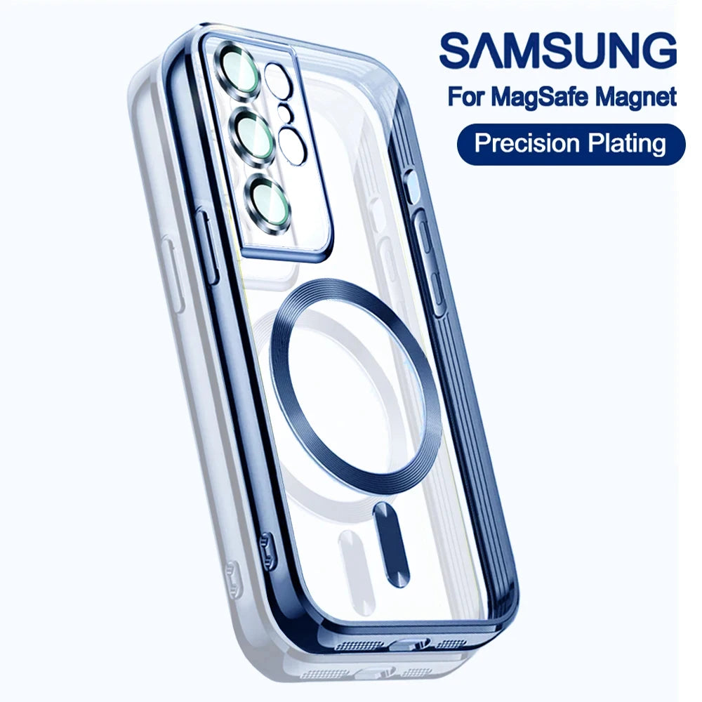 Magnetic Plating Cover For Apple Mag safe Case Samsung Galaxy S24 S23 Ultra S21 Fe S22 Plus Clear Silicone 5K 10H Camera Glass