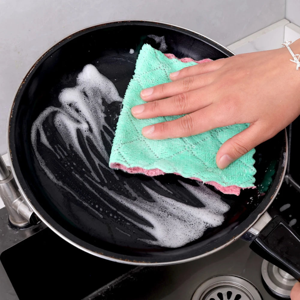 5/10pcs Kitchen Dishcloth Coral Velvet Towel Super Absorbent Wave Design Wipe Nonstick Oil Microfibre Thickened Rags Fast Drying