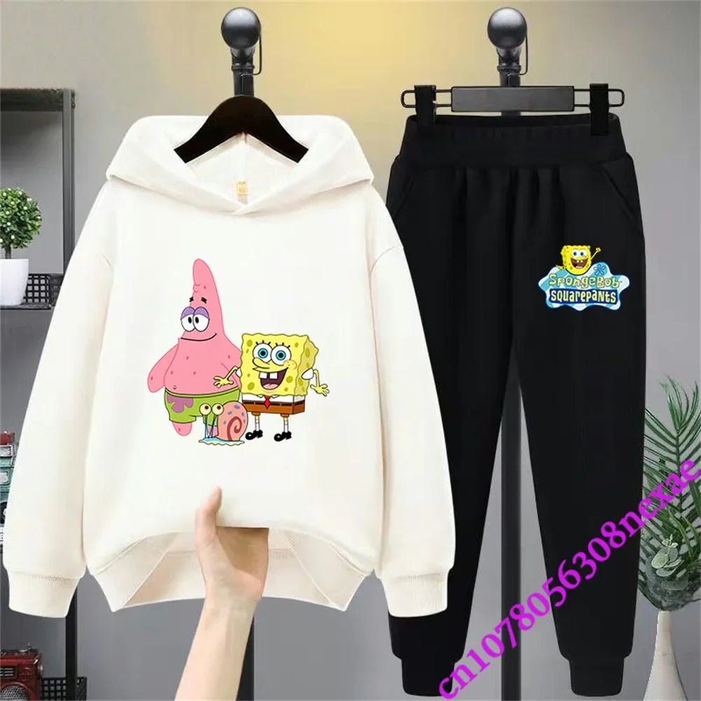 SpongeBob Spring And Autumn Children's Clothing Boys And Girls Sweater Suit 2 Pieces Cartoon Print Sweater Sportswear Trousers