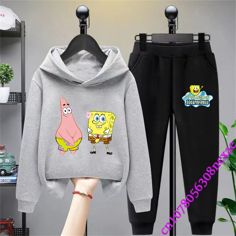 SpongeBob Spring And Autumn Children's Clothing Boys And Girls Sweater Suit 2 Pieces Cartoon Print Sweater Sportswear Trousers