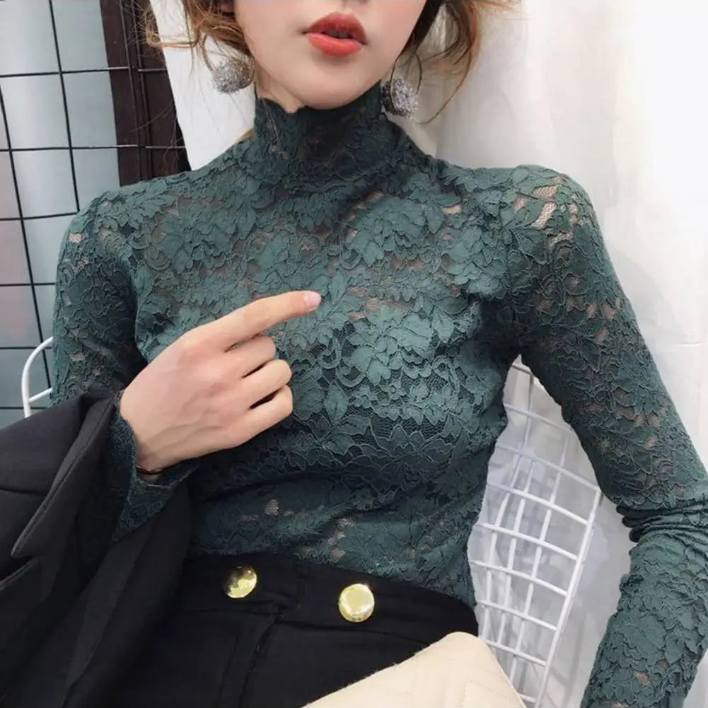 Half High Collar Lace Women Blouse Long Sleeves See-Through Sexy Lace Blouse Women Elegant  Crochet Hollow Floral Blouse Shirt