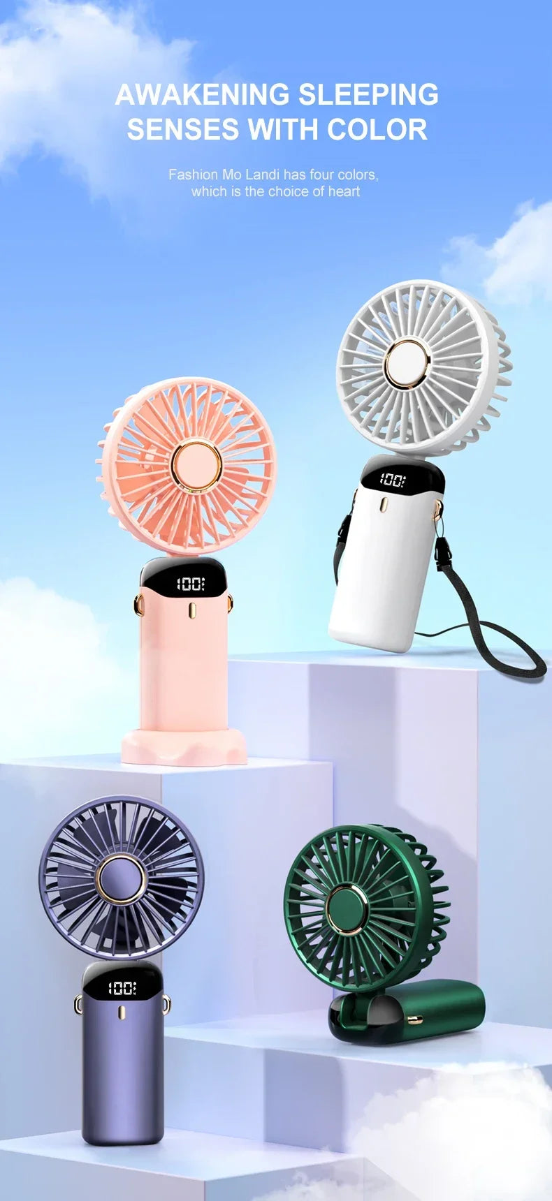 Xiaomi USB Handheld Mini Fan Foldable Portable Neck Hanging Fans 5 Speed Rechargeable Fan with Phone Stand and Display Screen