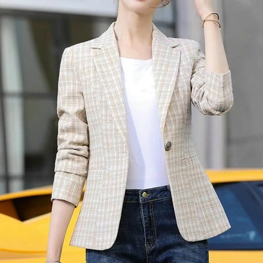 Women Blazer Cardigan Contrast Color Long Sleeves Warm Business Anti-wrinkle Autumn Coat for Work