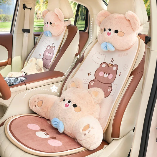 2024 Cartoon Bear Car Seat Cushion Full Set Soft Plush Cute Seat Cushion Cover Fashion Decoration Interior Accessories Universal