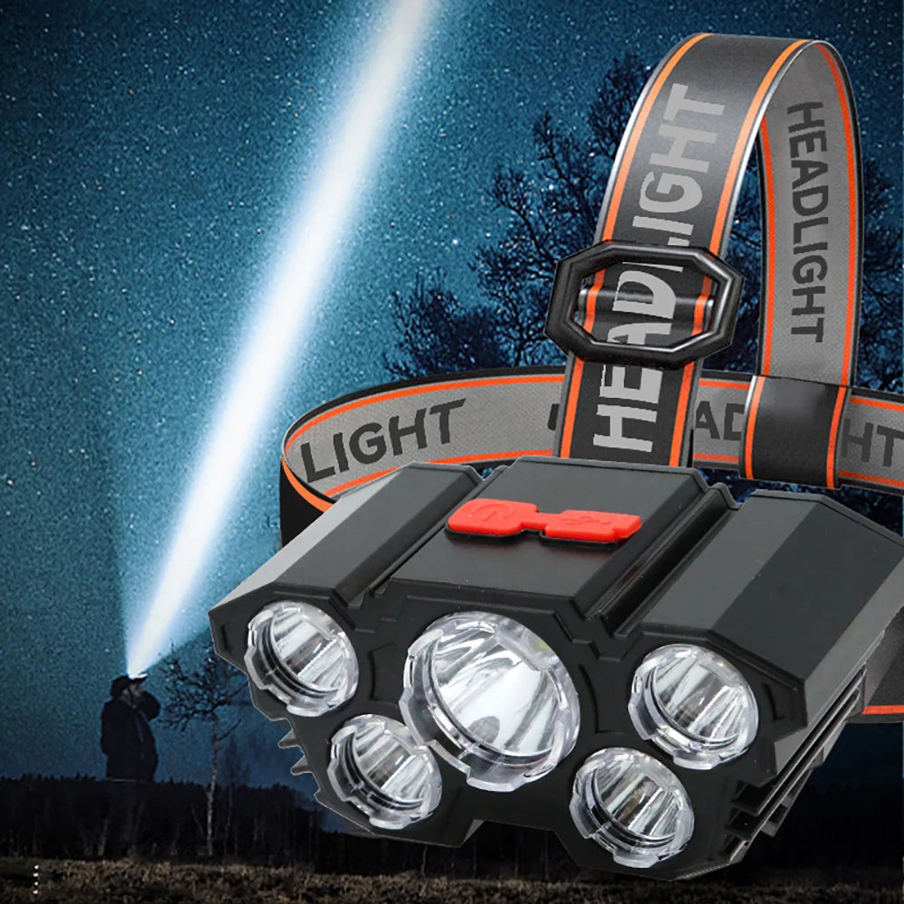 5 LED Flashlight Rechargeable with Built in Battery Strong Light Camping Adventure Fishing Head Light Headlamp