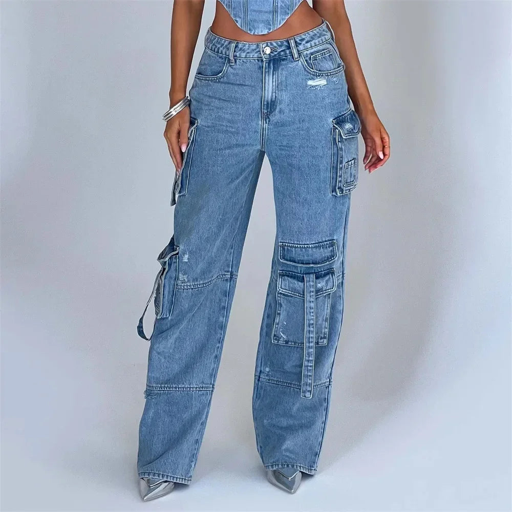 Fashion Multi-pocket Jeans for Women Cargo Pants Women High Waist Butt Lifter Loose Straight-leg Pants Tight Stretch