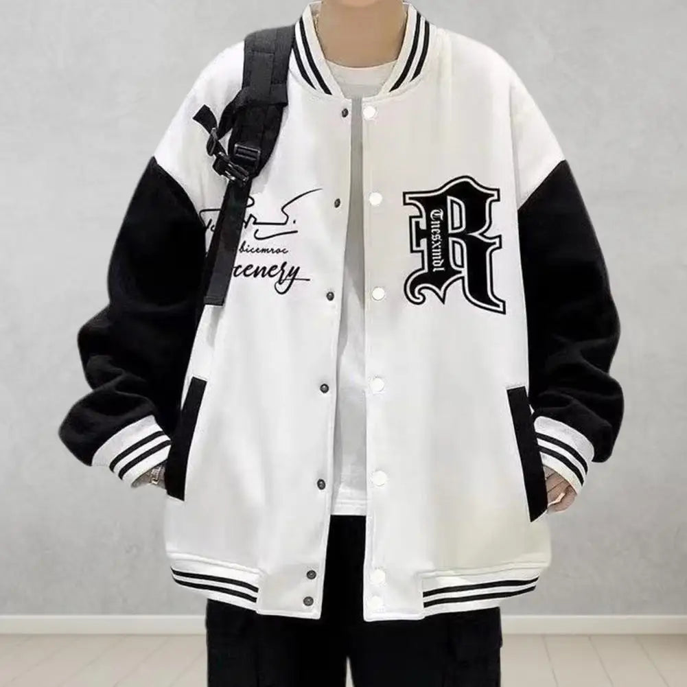 Men Bomber Jacket Letter Print Varsity Jacket Casual Street Loose Patchwork Team Jacket Color Matching Men Jacket