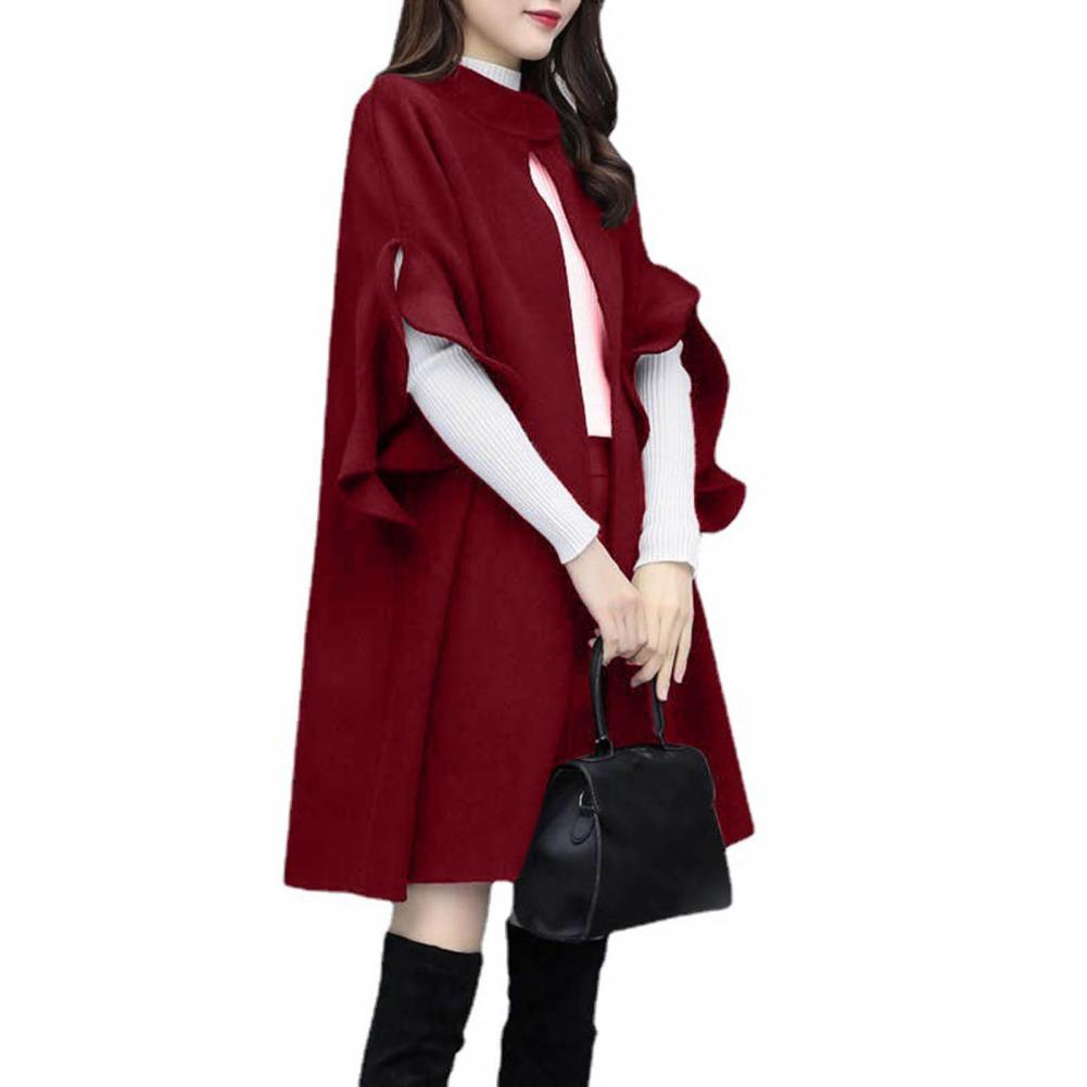 Women Winter Coat Solid Color Formal Elegant Big Hem Midi Length Long Sleeves Cardigan Stand Collar Lady Cloak Coat for Dating