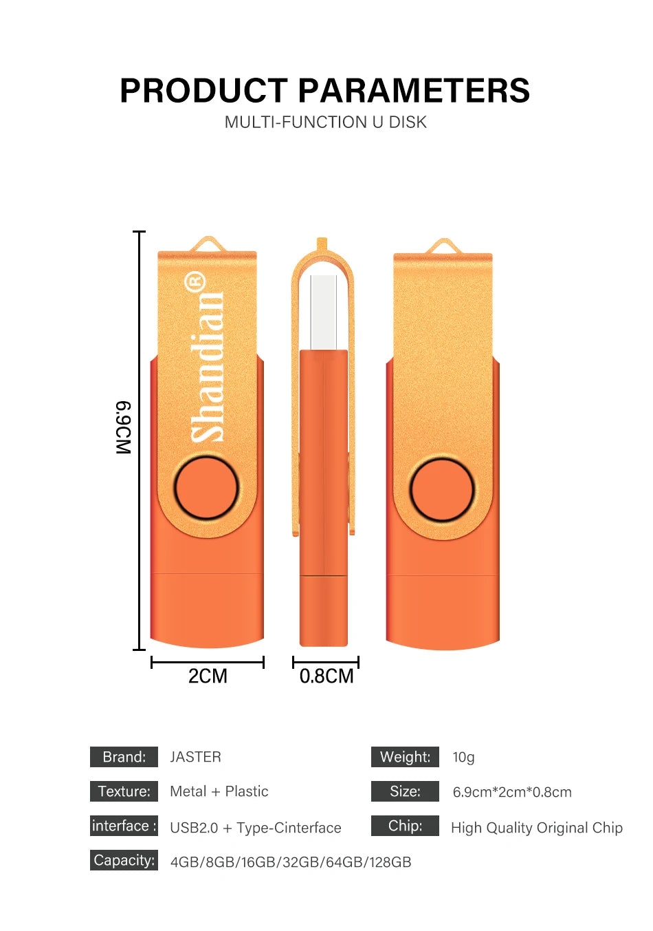 Orange TYPE-C 2in1 USB 2.0 Flash Drives 128GB Pen drive 4GB 32GB U disk 64GB High speed Memory stick with key chain Waterproof