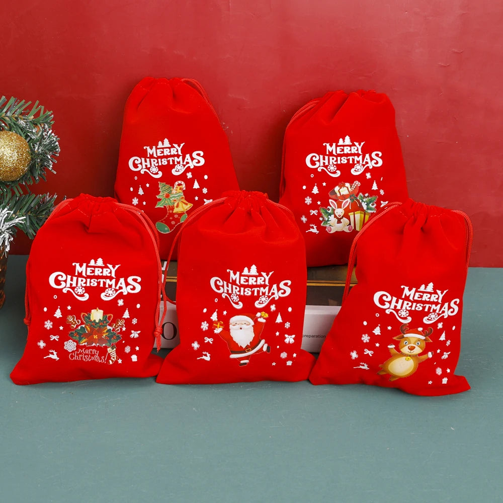 10/1Pcs Red Christmas Velvet Bags Drawstring Santa Gift Pouch Candy Snack Wrapping Bag Christmas Wedding Party Favors Decoration