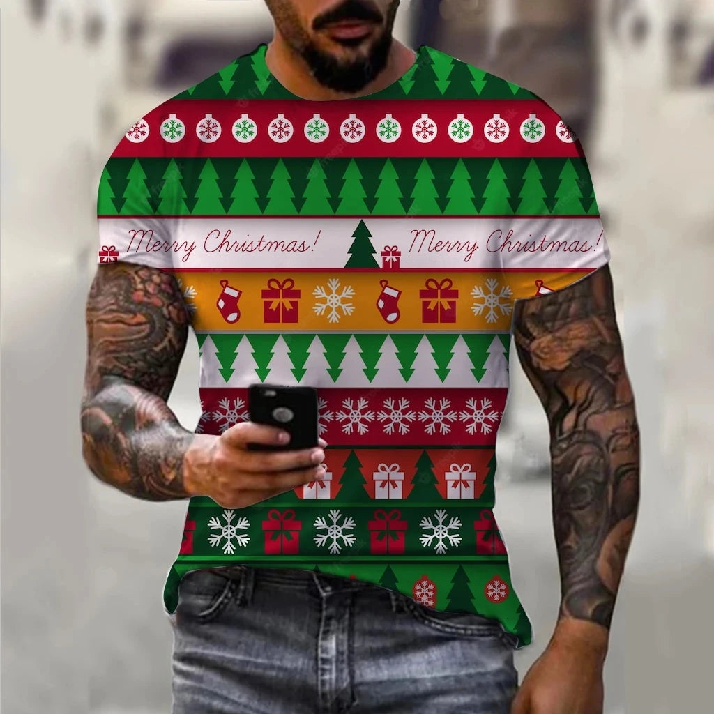 Men's Christmas Elf Santa Claus Printed T-shirt Fashion Trend Round Neck Loose Street Party Men's Round