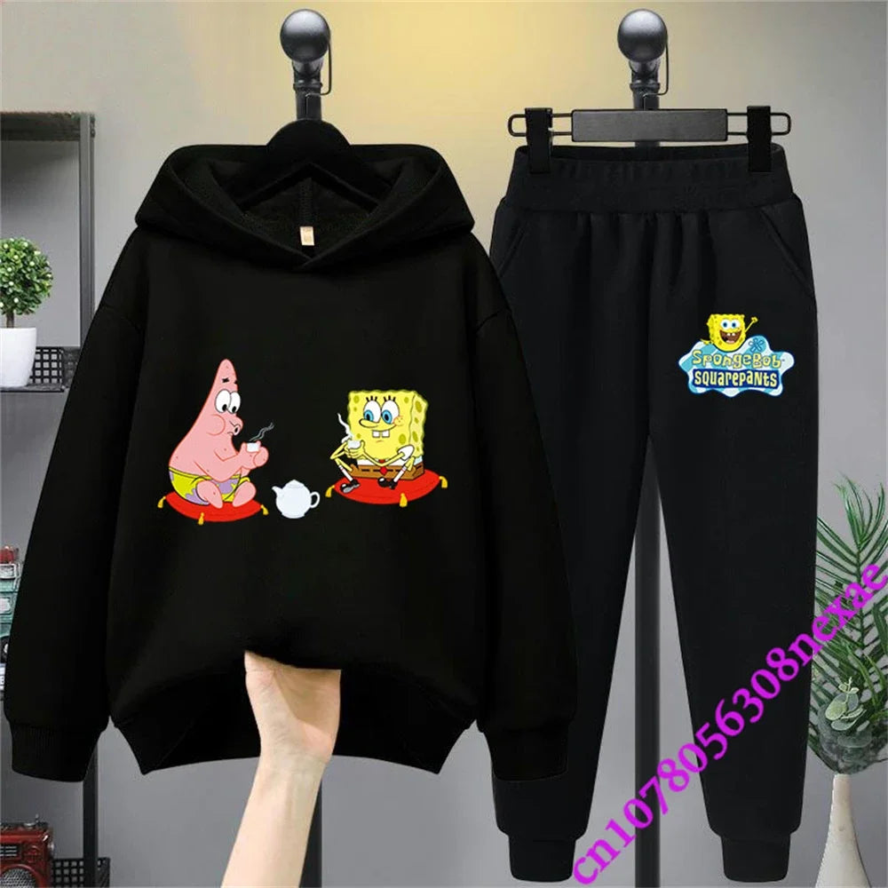 SpongeBob Spring And Autumn Children's Clothing Boys And Girls Sweater Suit 2 Pieces Cartoon Print Sweater Sportswear Trousers