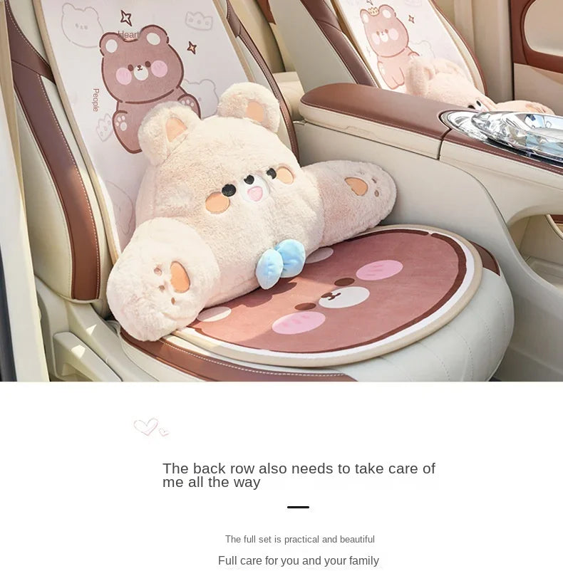 2024 Cartoon Bear Car Seat Cushion Full Set Soft Plush Cute Seat Cushion Cover Fashion Decoration Interior Accessories Universal