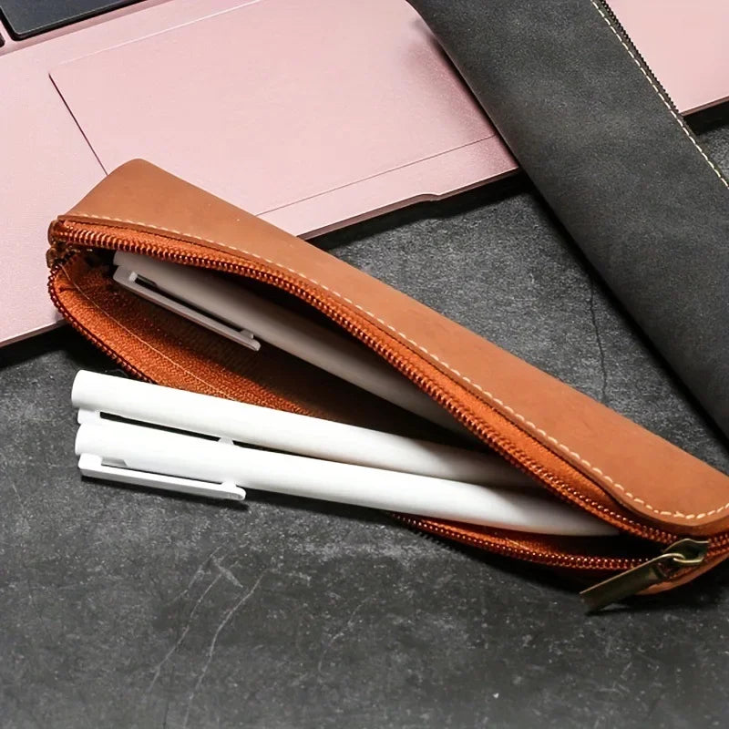 Simple Zipper Pen Holder PU Leather Pencil Bag Fountain Pen Storage Pouch Portable Pen Sleeve Case School Office Supplies