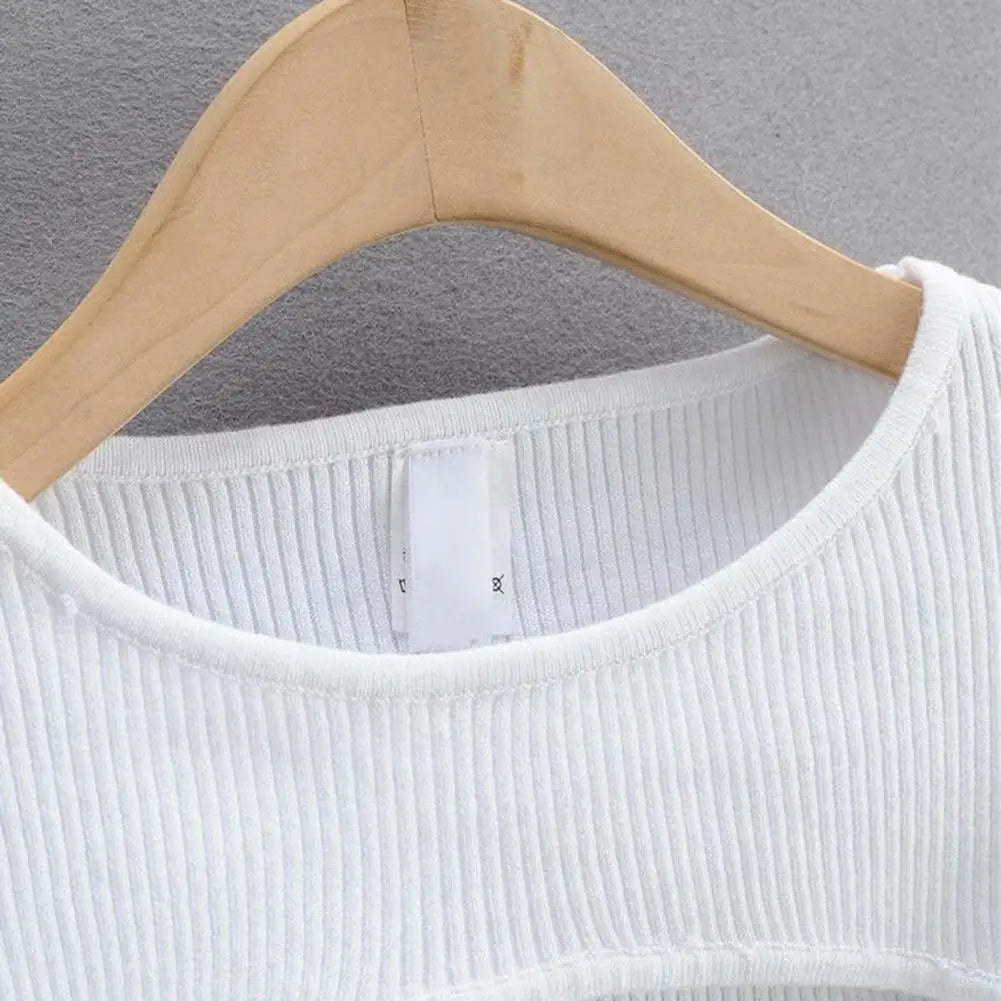 Women Long Sleeve Crop Top Blouse Round Neck Women T-shirt Stylish Women's Crop Top Set Elastic Knitted T-shirt Matching Coverup Top