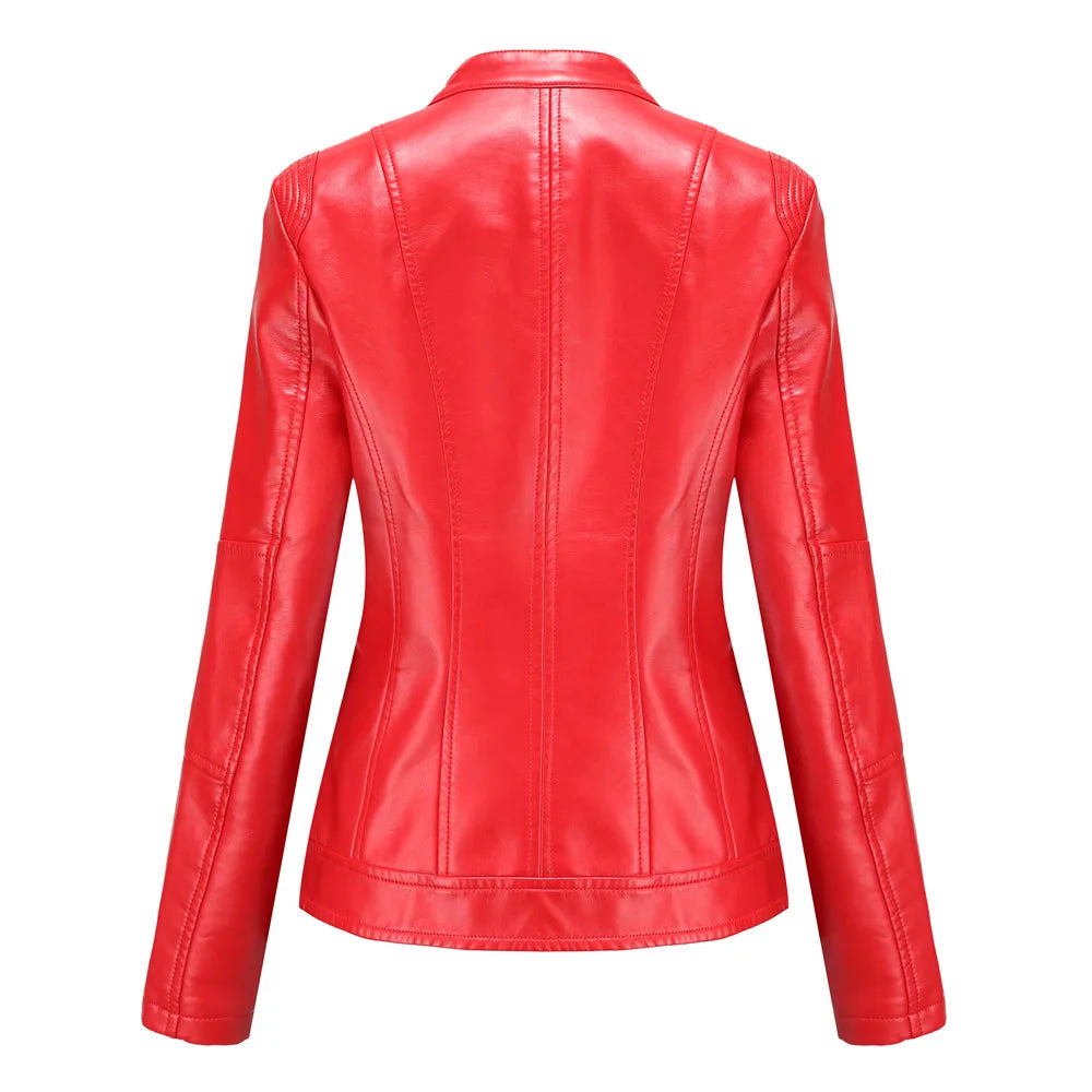 Leather Women Coat Full Sleeve Round Neck Slim Fit Solid Sexy Regular Jackets Zipper Casual Jacket