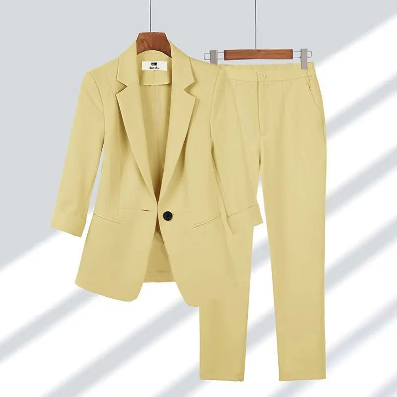 Summer Jacket Blazer Casual Wide Leg Pants Two Piece Elegant Women's Pants Set Office Outfits Business Clothing