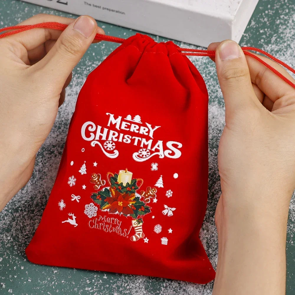 10/1Pcs Red Christmas Velvet Bags Drawstring Santa Gift Pouch Candy Snack Wrapping Bag Christmas Wedding Party Favors Decoration