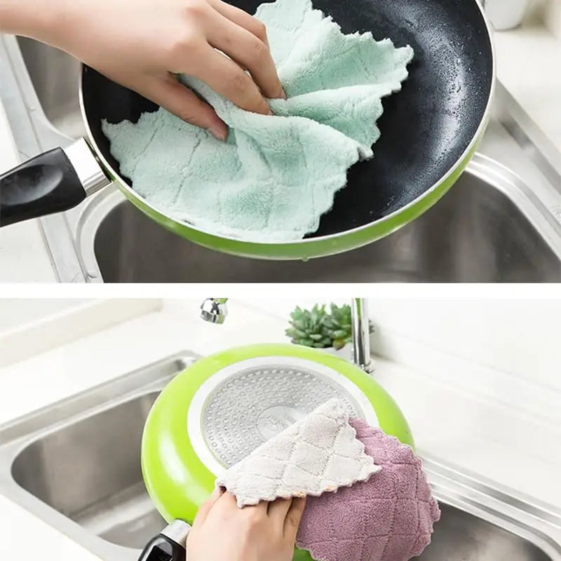 5/10pcs Kitchen Dishcloth Coral Velvet Towel Super Absorbent Wave Design Wipe Nonstick Oil Microfibre Thickened Rags Fast Drying