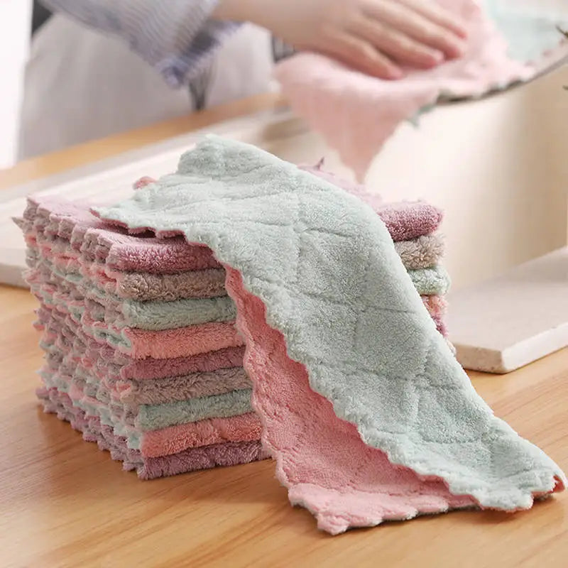 5/10pcs Kitchen Dishcloth Coral Velvet Towel Super Absorbent Wave Design Wipe Nonstick Oil Microfibre Thickened Rags Fast Drying