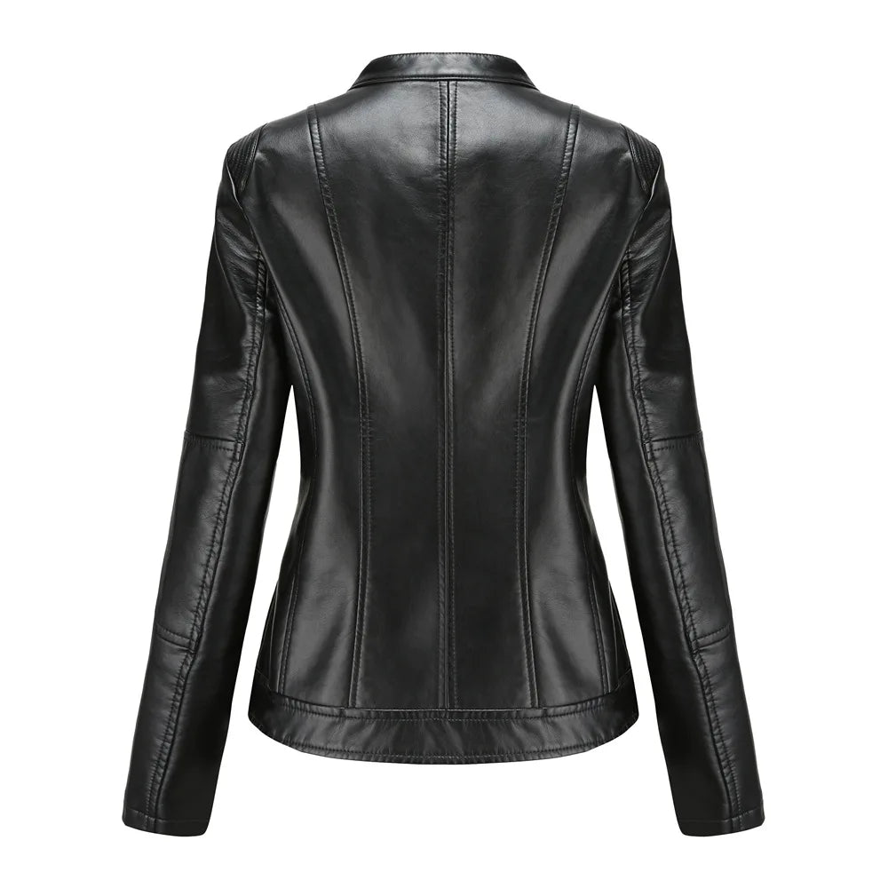 Leather Women Coat Full Sleeve Round Neck Slim Fit Solid Sexy Regular Jackets Zipper Casual Jacket