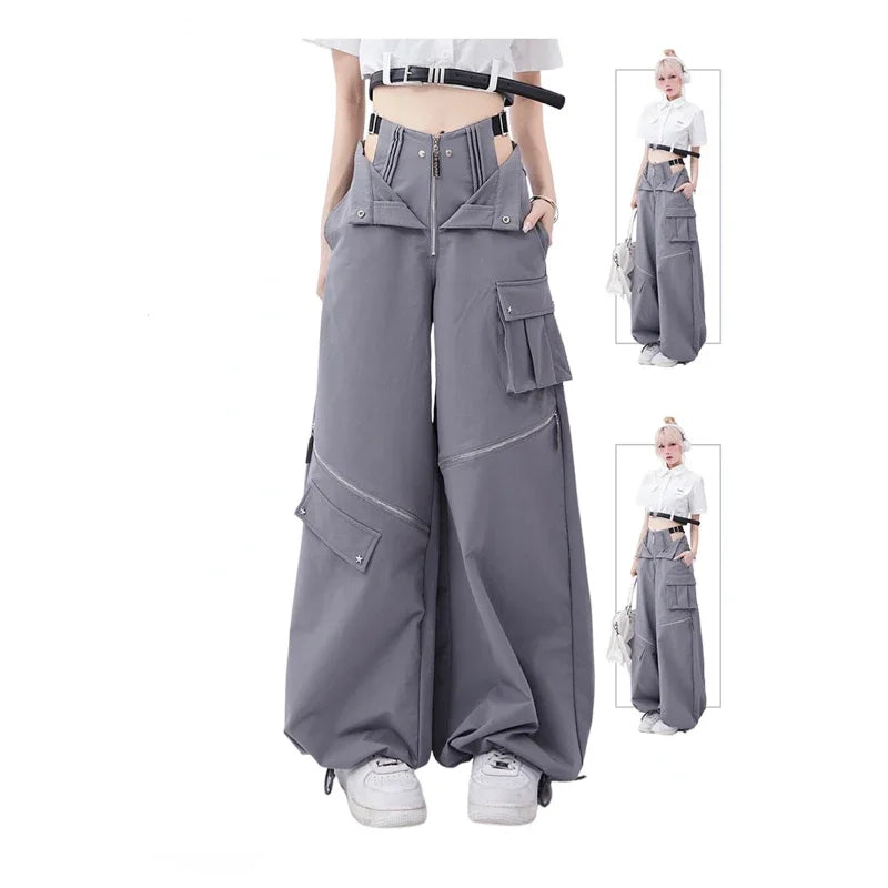 Grey Cargo pants female summer casual original retro multi zip pocket two wear design drawstring casual oversized trousers women