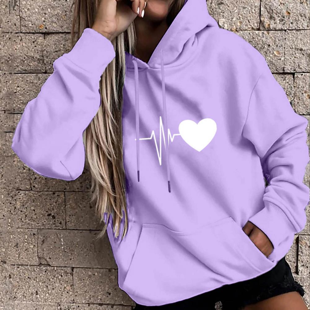 New Arrival Women Hoodie Drawstring Warm Pullover Heart Print Spring Hoodie