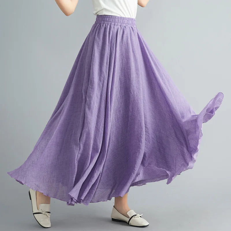 Women Linen Cotton Long Skirts Elastic Waist Pleated Maxi Skirts Beach Boho Vintage Summer Skirts