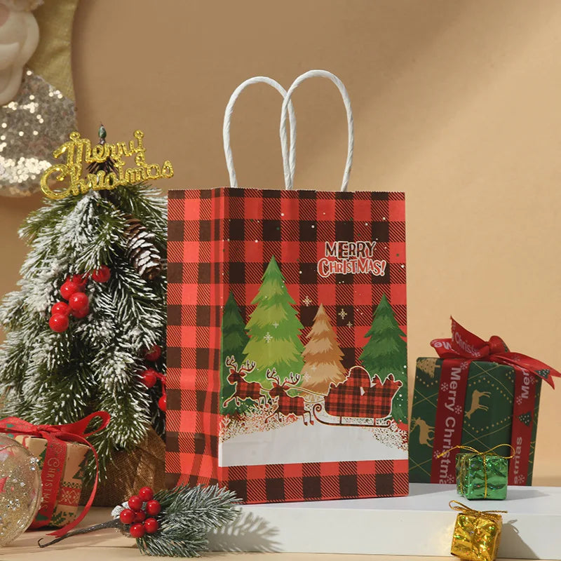 Christmas Kraft Paper Retro Grid Handheld Bag Santa Claus Gifts Box Party