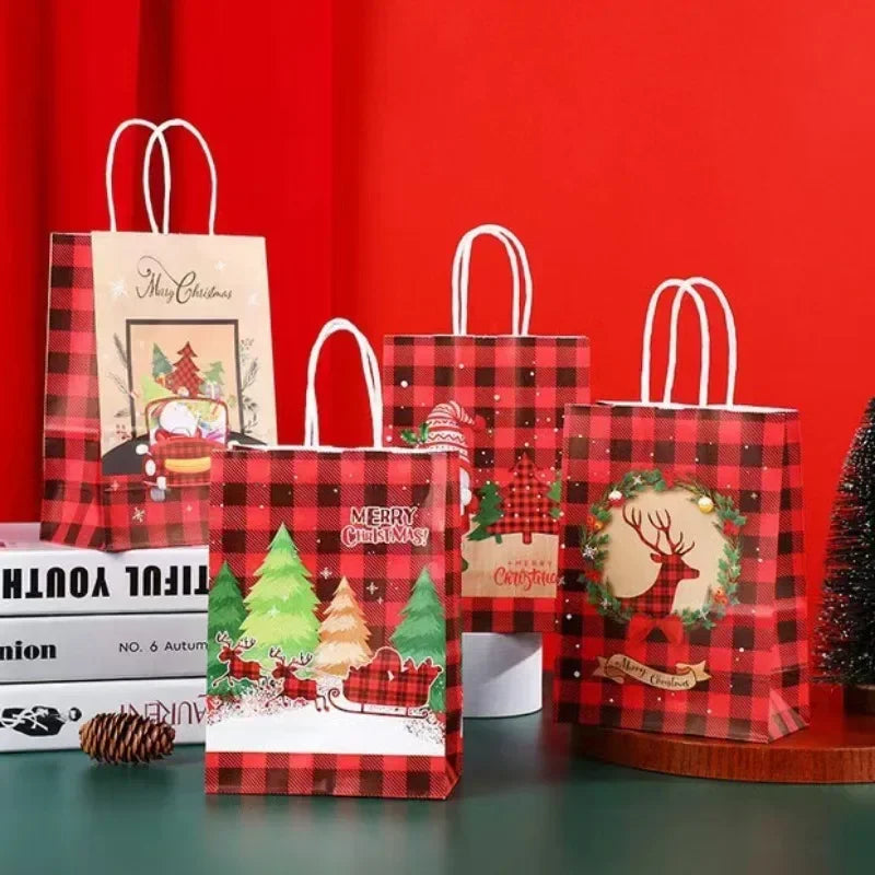 Christmas Kraft Paper Retro Grid Handheld Bag Santa Claus Gifts Box Party