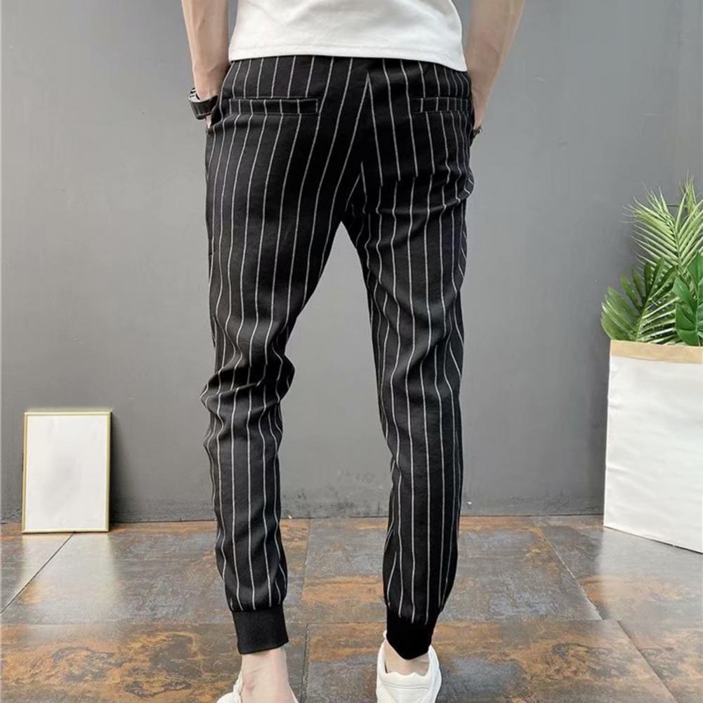 Men Harem Pants Striped Drawstring Elastic Waist Slim Fit Streetwear