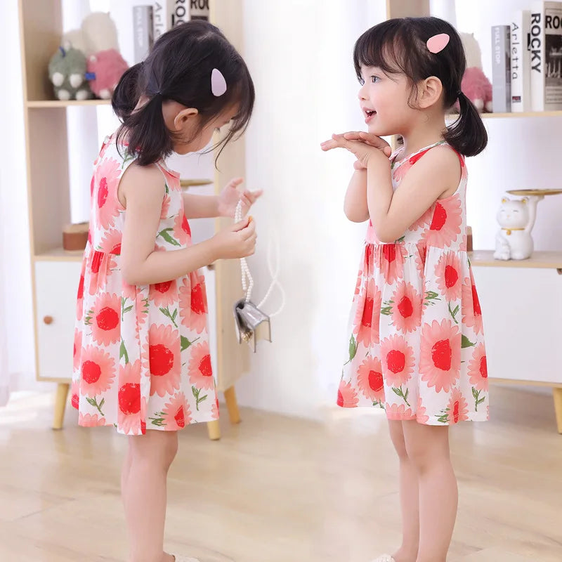 1-7 Years Baby Girls Sleeveless Flower Print Dresses Clothes Kids Summer Princess Dress Children Party Ball Pageant Outfit DS29