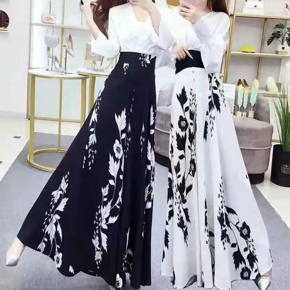 Women's Summer Long Skirt Contrast Color Baggy Flower Print High Waist Slimming Plus Size Trousers Skirt Daily Clothes