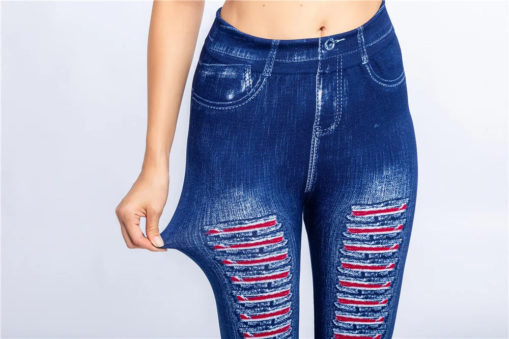 Fashion Stripe Printed Imitation Denim Leggings for Women's Elastic Slim Denim Trousers