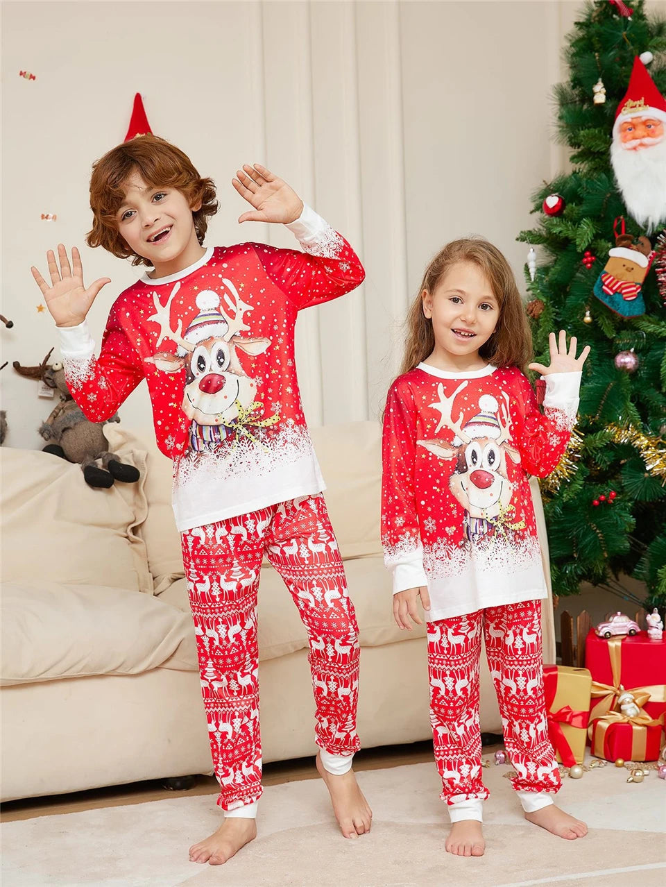 Xmas Pajamas for the Family Set Red Cartoon Elk Print Sleepwear