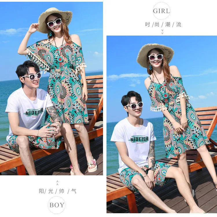 Family Matching Outfits Summer Beach Mother Daughter Floral Dresses Dad Son Cotton T-shirt & Shorts Couple Outfit Seaside