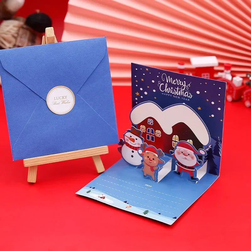 3D Pop Up Cartoon Christmas Card Merry Christmas Greeting Card Handwritten Blessing Invitation Cards Thanksgiving New Year Gifts