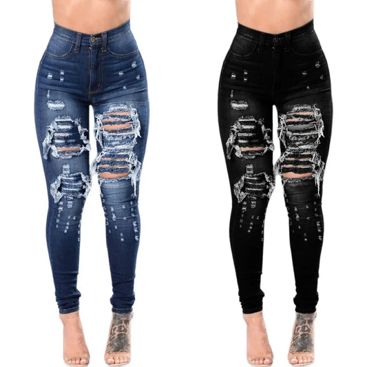 Denim Pencil Pants High Waist Ripped Jeans For Women Fashion Stretch Skinny Casual Slim Trousers S-3XL