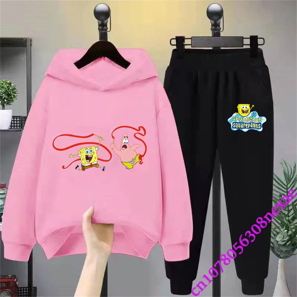 SpongeBob Spring And Autumn Children's Clothing Boys And Girls Sweater Suit 2 Pieces Cartoon Print Sweater Sportswear Trousers