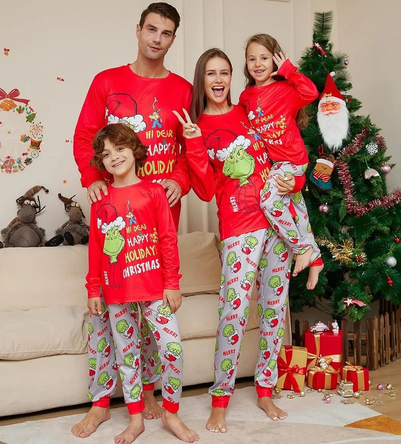 Xmas Family Matching Pajamas GREENCH Happy Holiday Letter Print Adult Kid Baby Family Matching Outfit Christmas Family Pj's