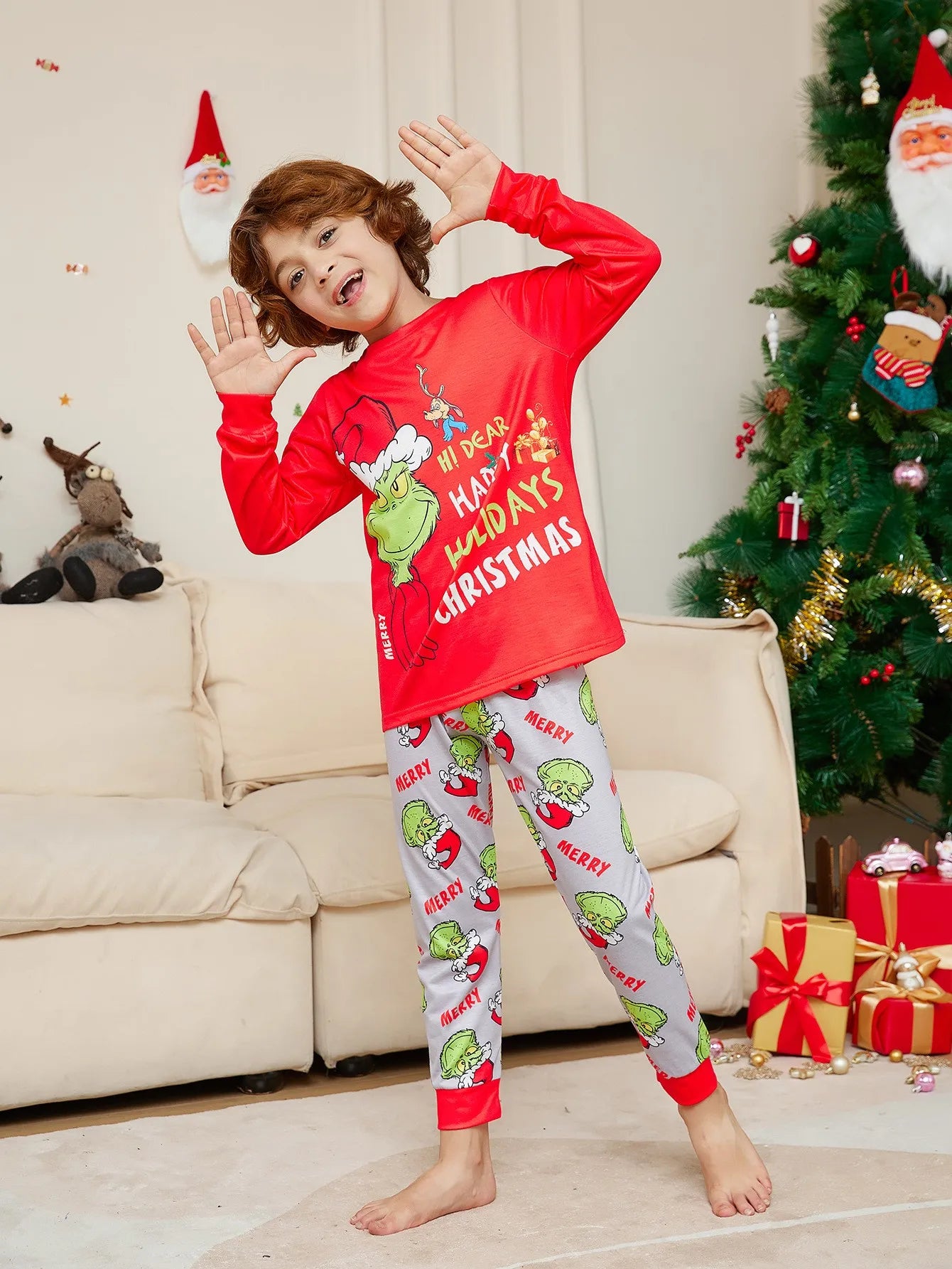 Xmas Family Matching Pajamas GREENCH Happy Holiday Letter Print Adult Kid Baby Family Matching Outfit Christmas Family Pj's