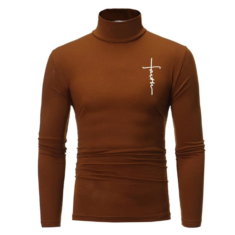 New Fashion Mens High Collar Long Sleeve T Shirt, Men's Fitness Workout Shirt Gym Training Tops Muscle Tees, Faith Graphic Tee