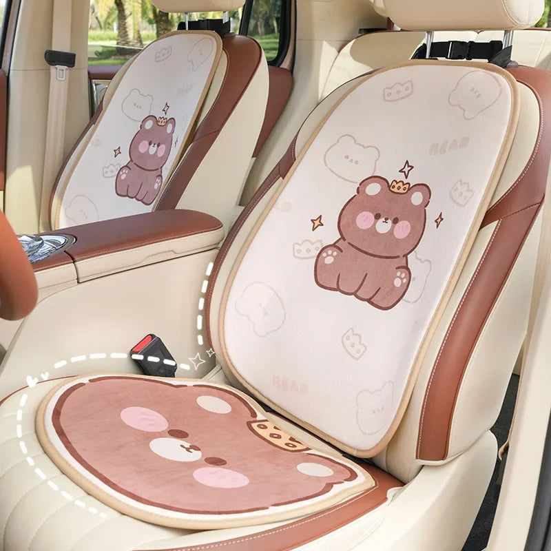 2024 Cartoon Bear Car Seat Cushion Full Set Soft Plush Cute Seat Cushion Cover Fashion Decoration Interior Accessories Universal