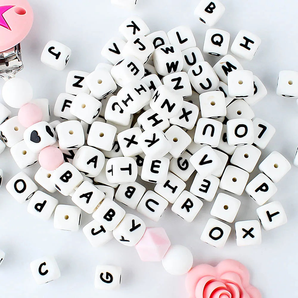 100Pcs 12mm Letter Silicone Beads Bracelet Necklace DIY Name Jewelry Making Beaded Pen Accessories keychain Beads Craft